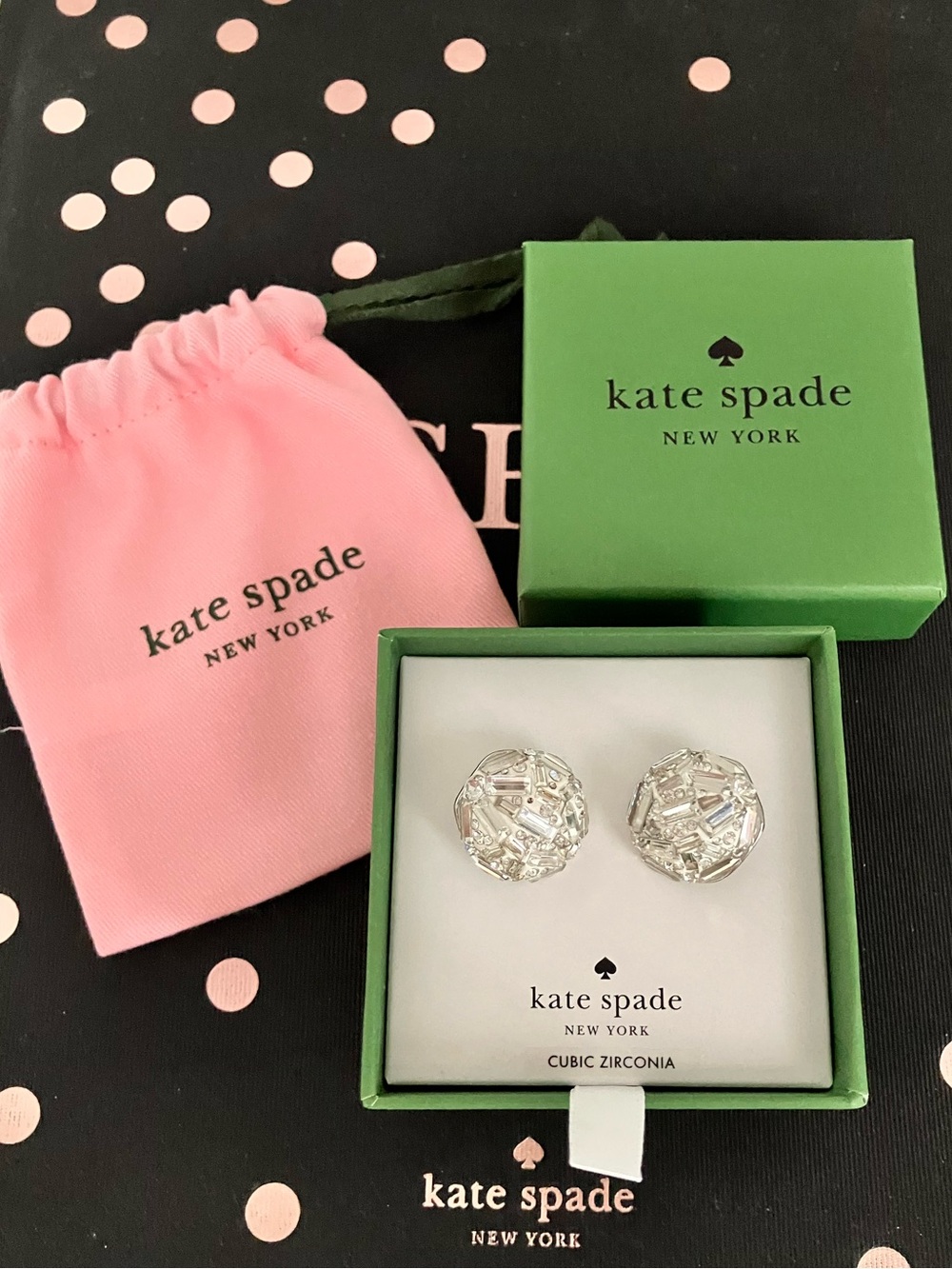 NEW Kate Spade NY Silver Crystal Cluster Stud Earrings with Pink Pouch